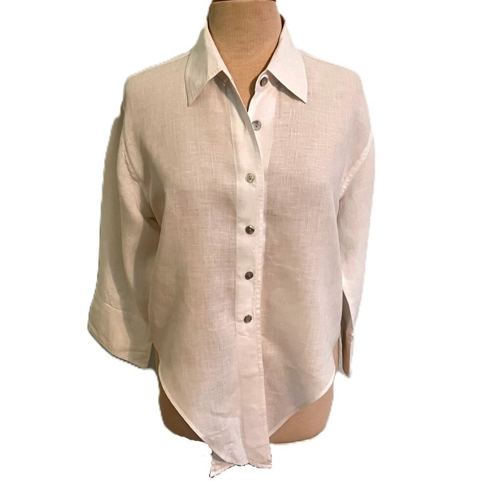 Debra Deroo Linen Button Down Blouse Front Tie Size Small Vintage Flax Style